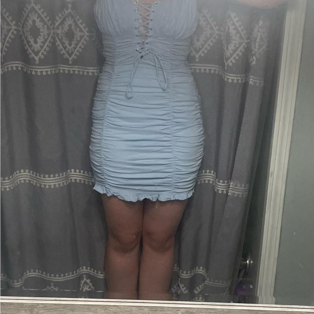 Light Blue Ruched Lace-Up Mini Dress with Ruffle Straps - Picture 4 of 8